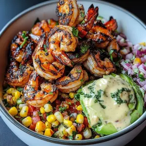 Grilled Shrimp Bowl with Avocado, Corn Salsa & Creamy Garlic Sauce