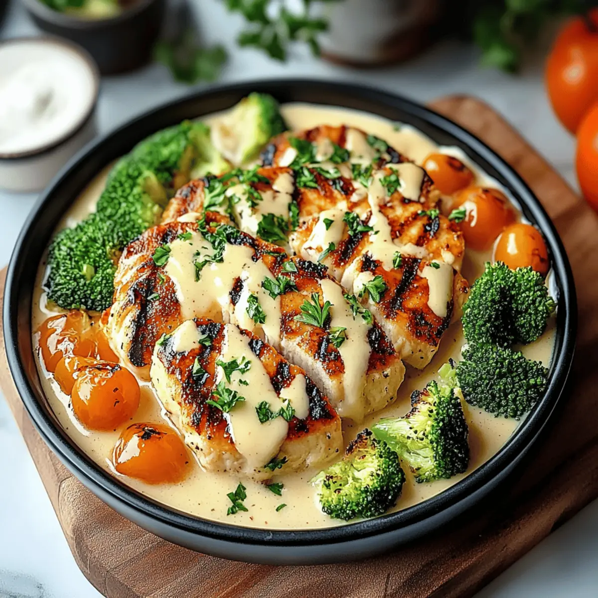 Grilled Chicken & Broccoli Bowls with Creamy Garlic Sauce