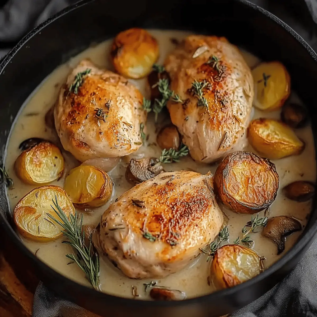 Herb Roasted Chicken in Creamy White Sauce with Mushroom and Potatoes