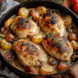 Herb Roasted Chicken in Creamy White Sauce with Mushroom and Potatoes