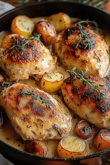 Herb Roasted Chicken in Creamy White Sauce with Mushroom and Potatoes