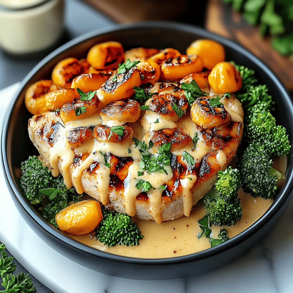 Grilled Chicken & Broccoli Bowls with Creamy Garlic Sauce