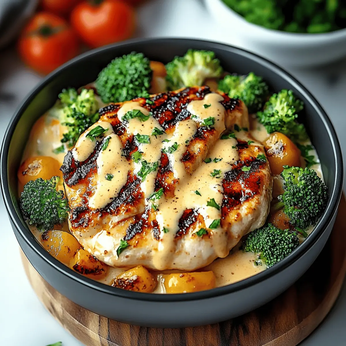 Grilled Chicken & Broccoli Bowls with Creamy Garlic Sauce