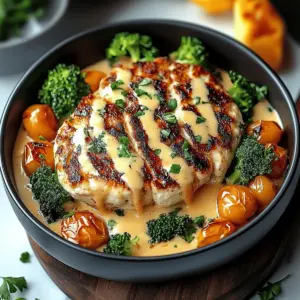 Grilled Chicken & Broccoli Bowls with Creamy Garlic Sauce