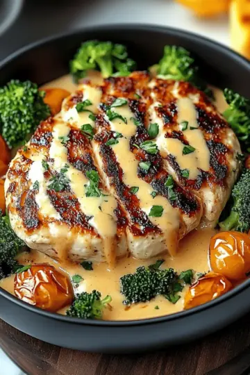 Grilled Chicken & Broccoli Bowls with Creamy Garlic Sauce