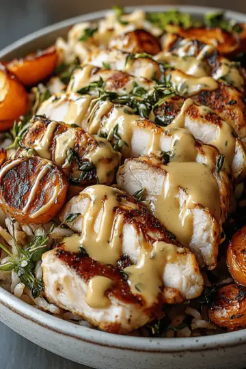 Maple Dijon Chicken & Roasted Sweet Potato Bowls