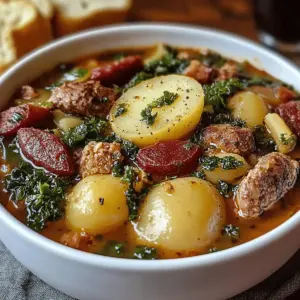 Hearty Sausage Soup with Potatoes, Beans, and Kale
