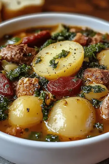 Hearty Sausage Soup with Potatoes, Beans, and Kale