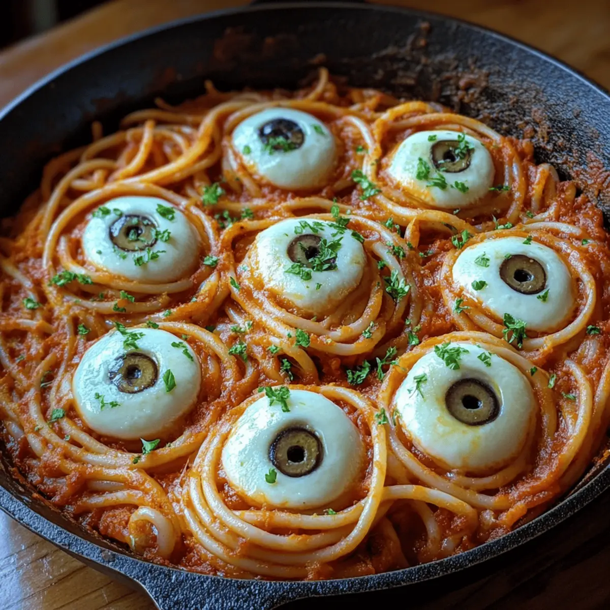 Bloody Spaghetti with Mozzarella Eyeballs