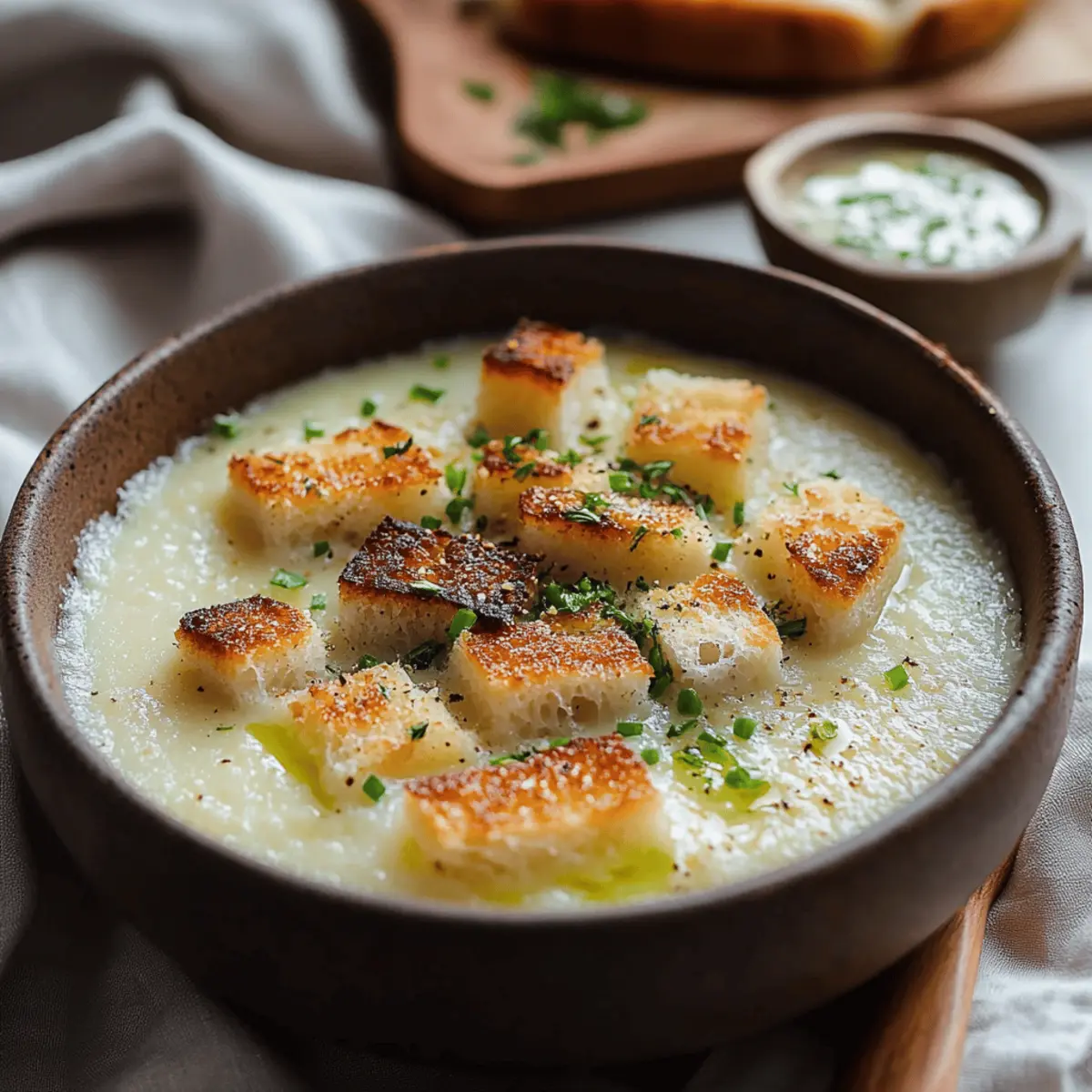 Roasted Garlic Potato Soup with Grilled Cheese Croutons