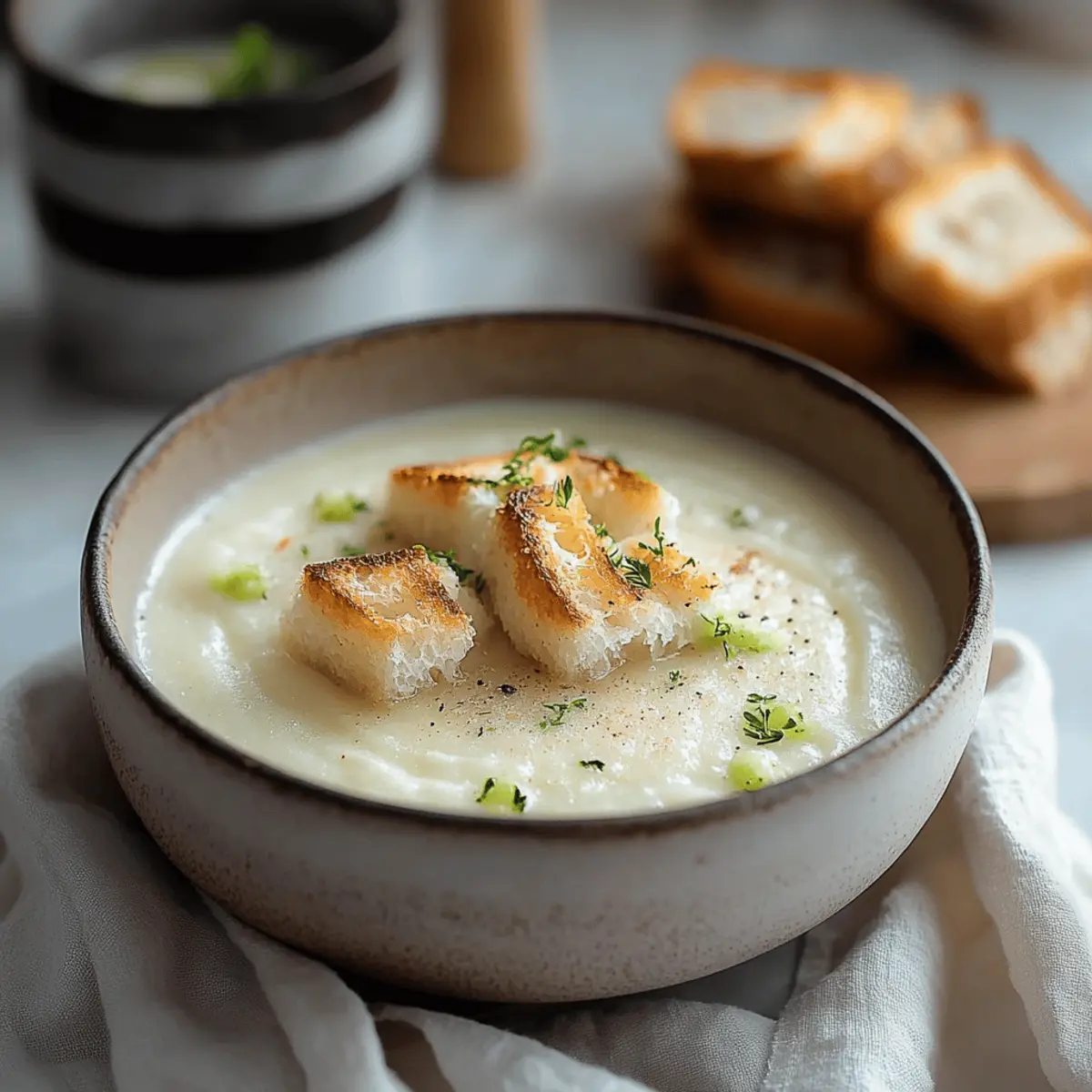 Roasted Garlic Potato Soup with Grilled Cheese Croutons