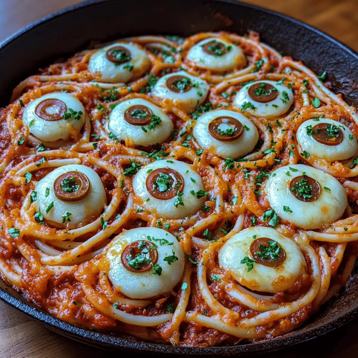Bloody Spaghetti with Mozzarella Eyeballs