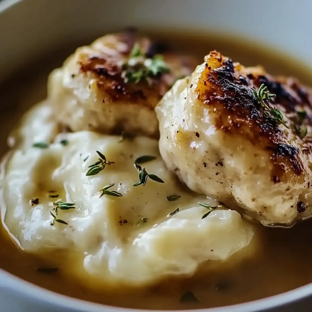 Chicken and Garlic Gravy with Cheesy Mashed Potatoes