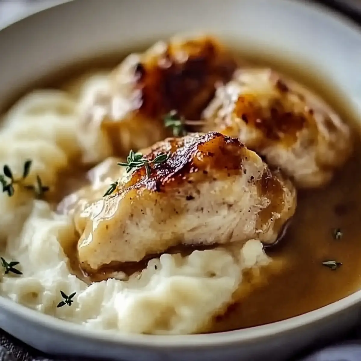 Chicken and Garlic Gravy with Cheesy Mashed Potatoes