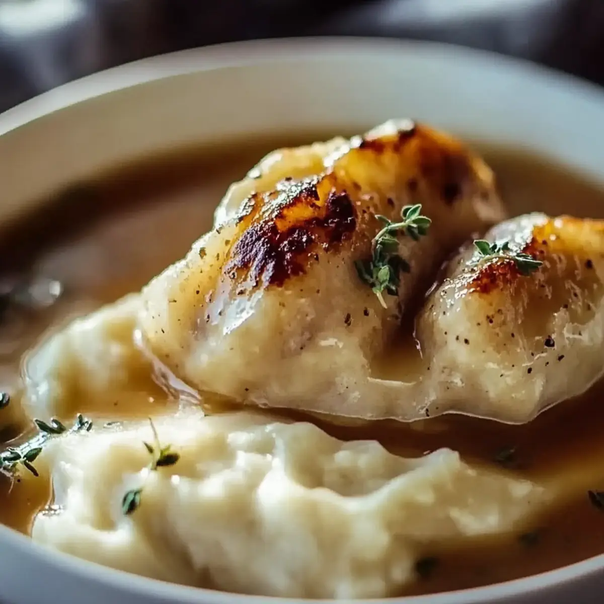 Chicken and Garlic Gravy with Cheesy Mashed Potatoes