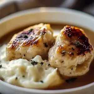 Chicken and Garlic Gravy with Cheesy Mashed Potatoes