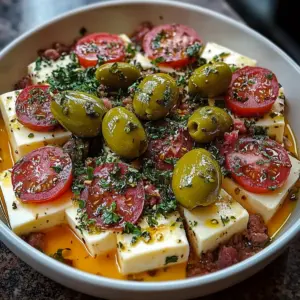 Marinated Cheese Appetizer with Salami & Green Olives