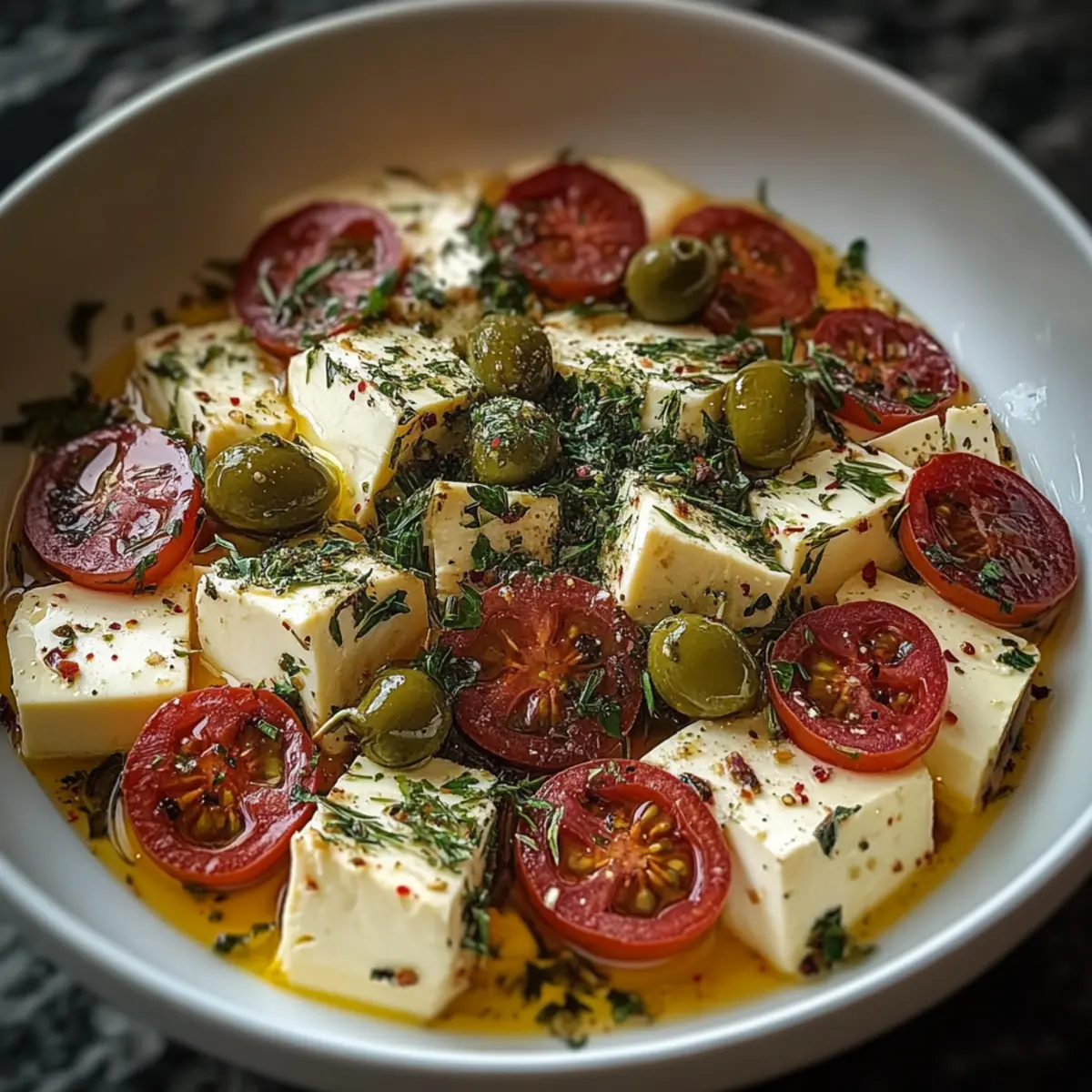 Marinated Cheese Appetizer with Salami & Green Olives