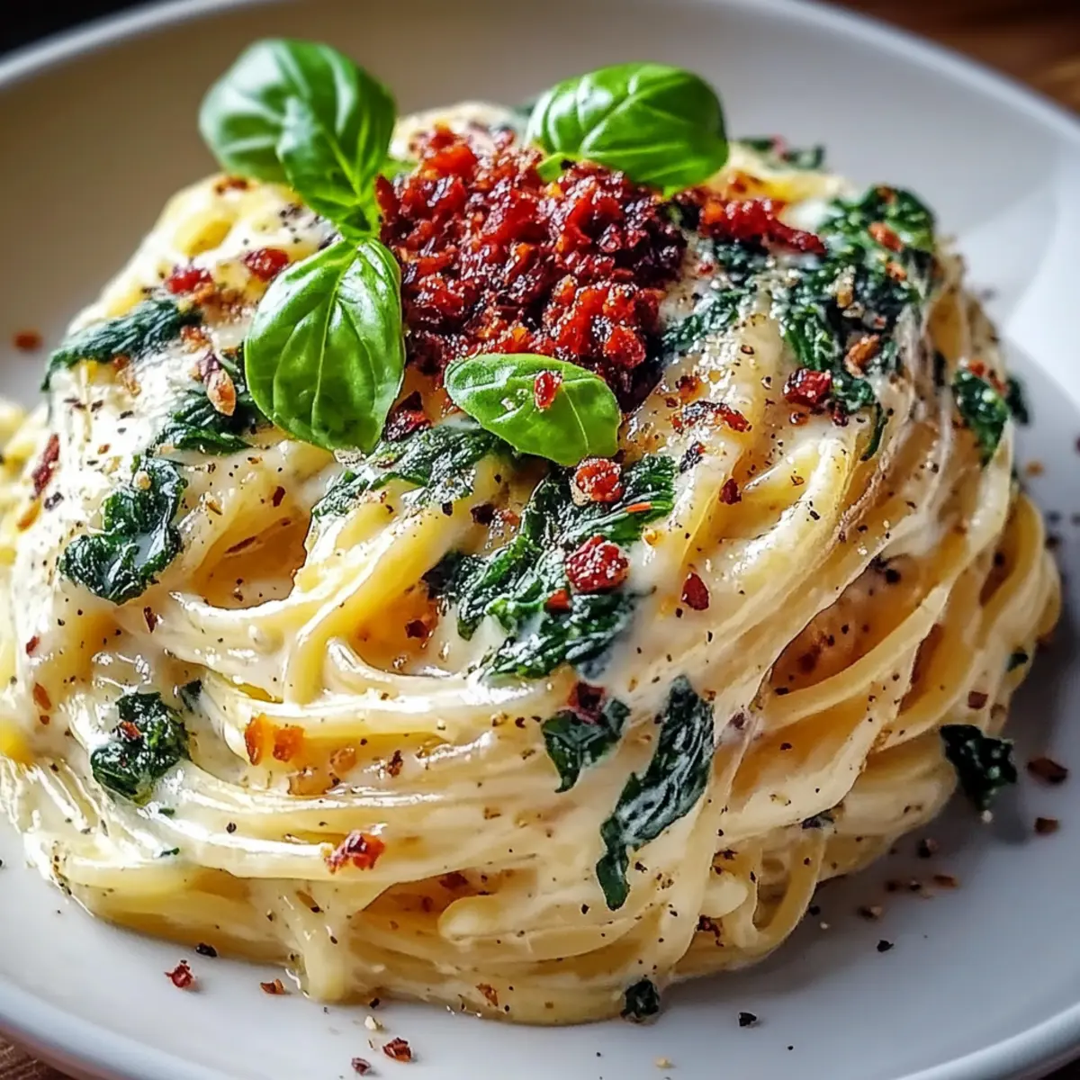 Spaghetti & Spinach with Sun-Dried Tomato Cream Sauce