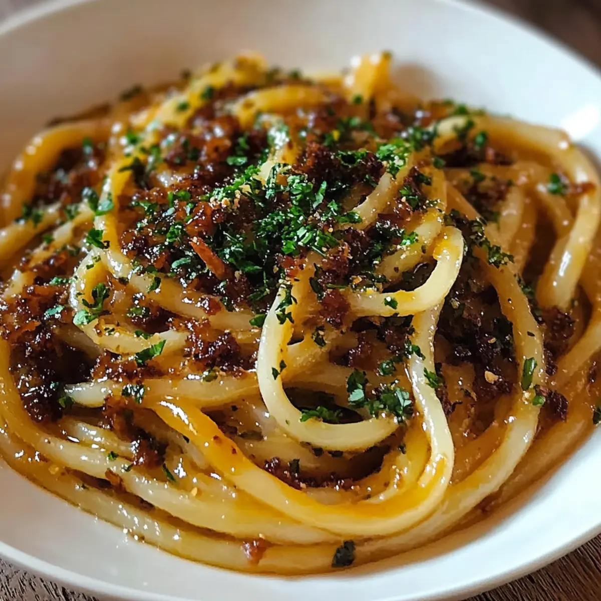 Caramelized Onion Pasta with Chilli Oil
