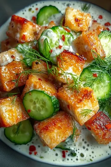 Creamy Asian Cucumber Salad with Crispy Tofu