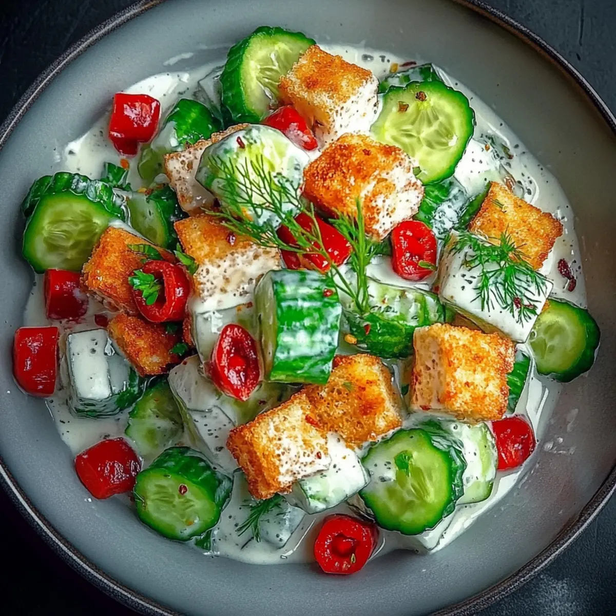 Creamy Asian Cucumber Salad with Crispy Tofu