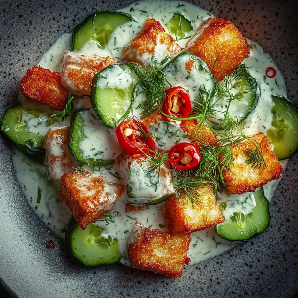 Creamy Asian Cucumber Salad with Crispy Tofu