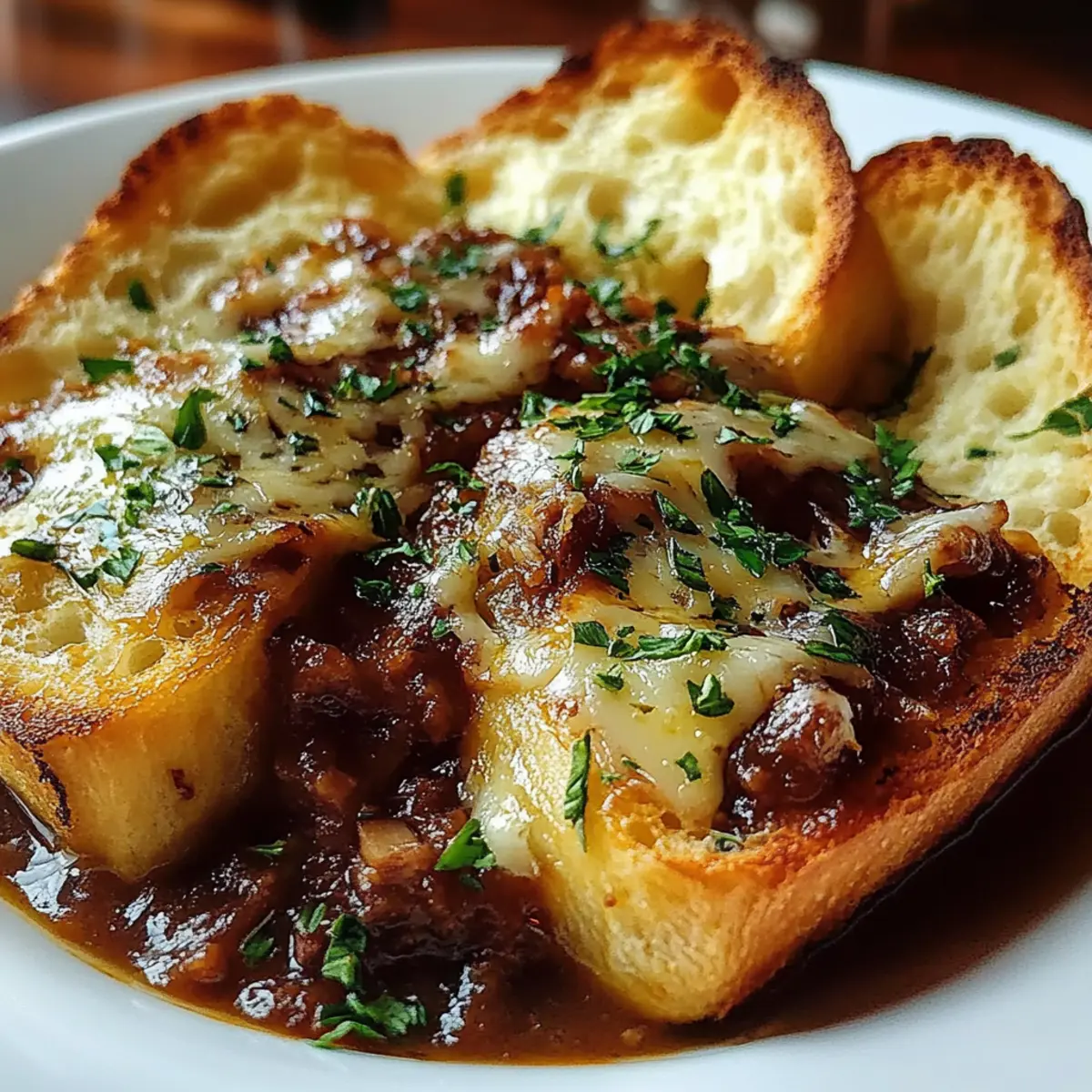 French Onion Beef Stew with Cheesy Bread Topping