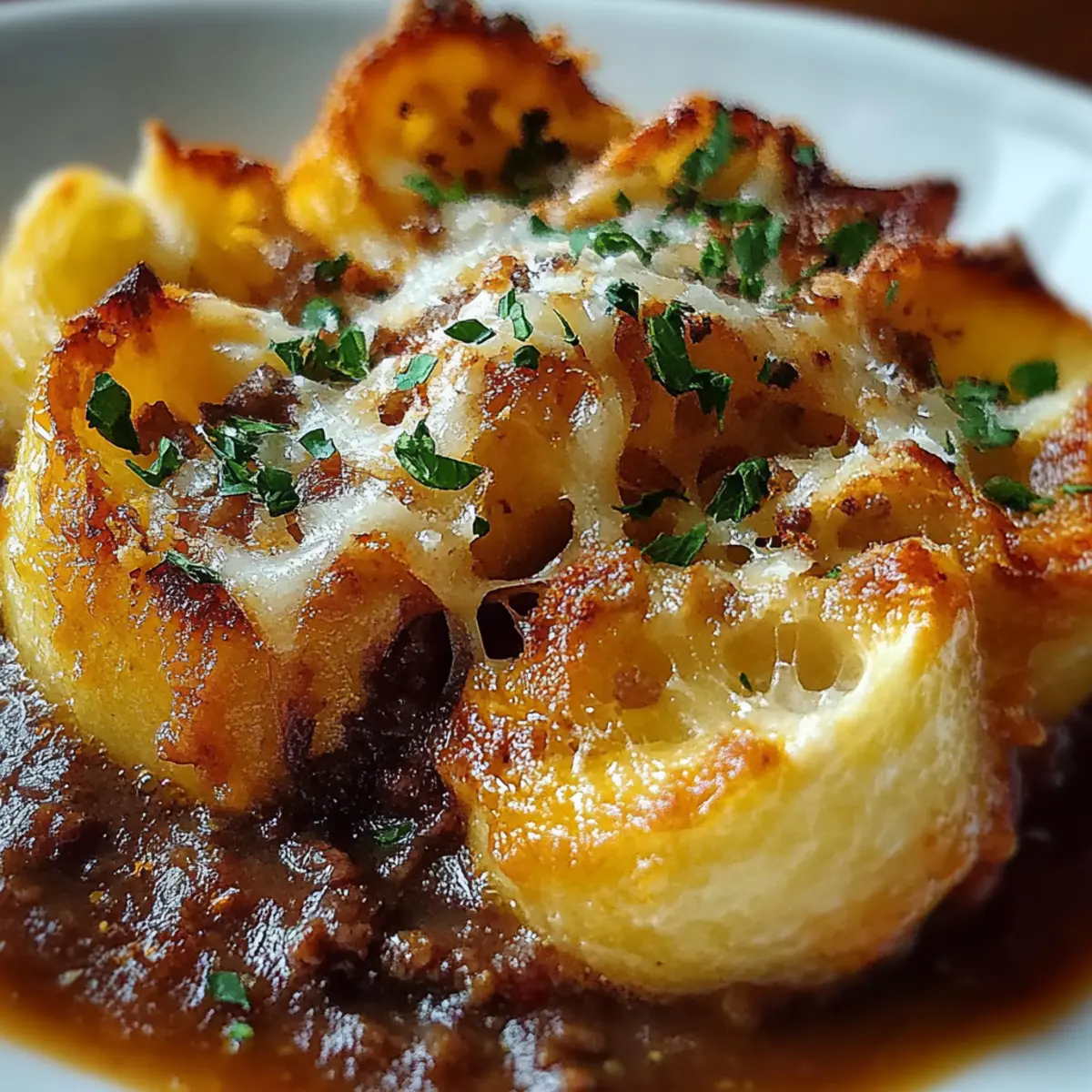 French Onion Beef Stew with Cheesy Bread Topping