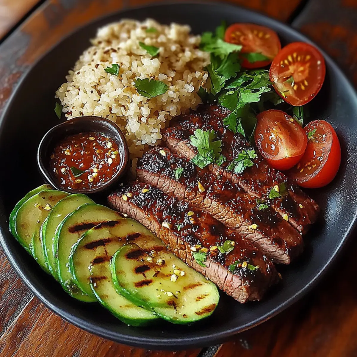 Grilled Steak Bowl with Sauce & Grilled Zucchini