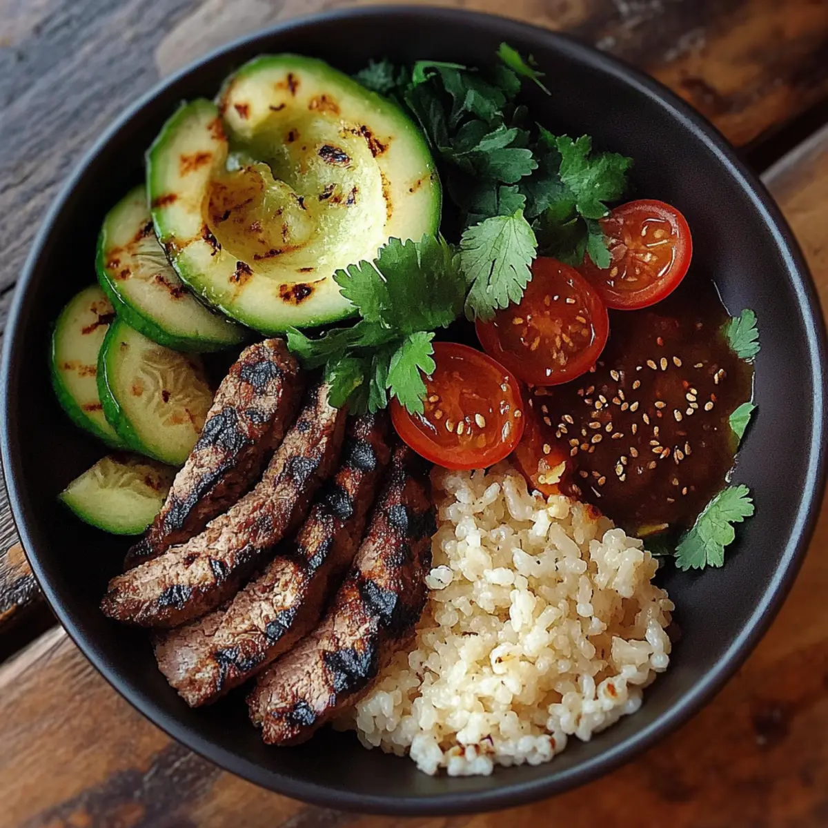 Grilled Steak Bowl with Sauce & Grilled Zucchini