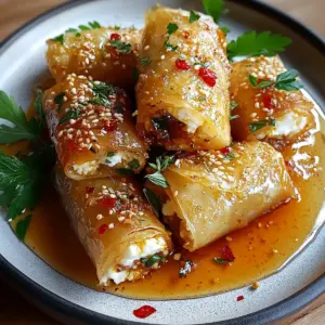 Oven Fried Feta Rolls with Chili Honey