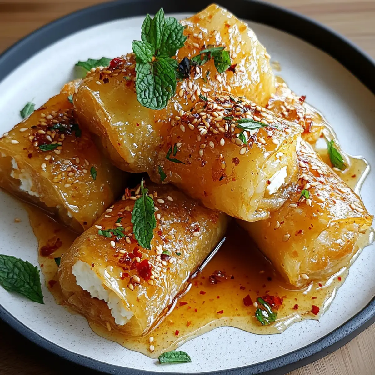 Oven Fried Feta Rolls with Chili Honey