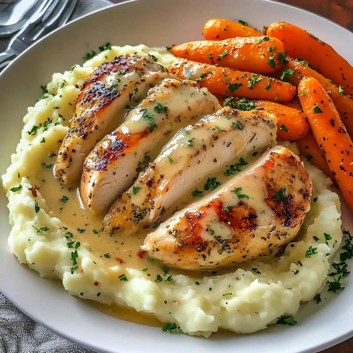 Creamy Herb Chicken with Mashed Potatoes and Glazed Carrots