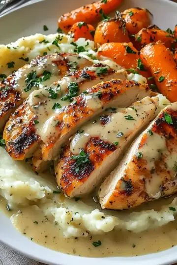 Creamy Herb Chicken with Mashed Potatoes and Glazed Carrots