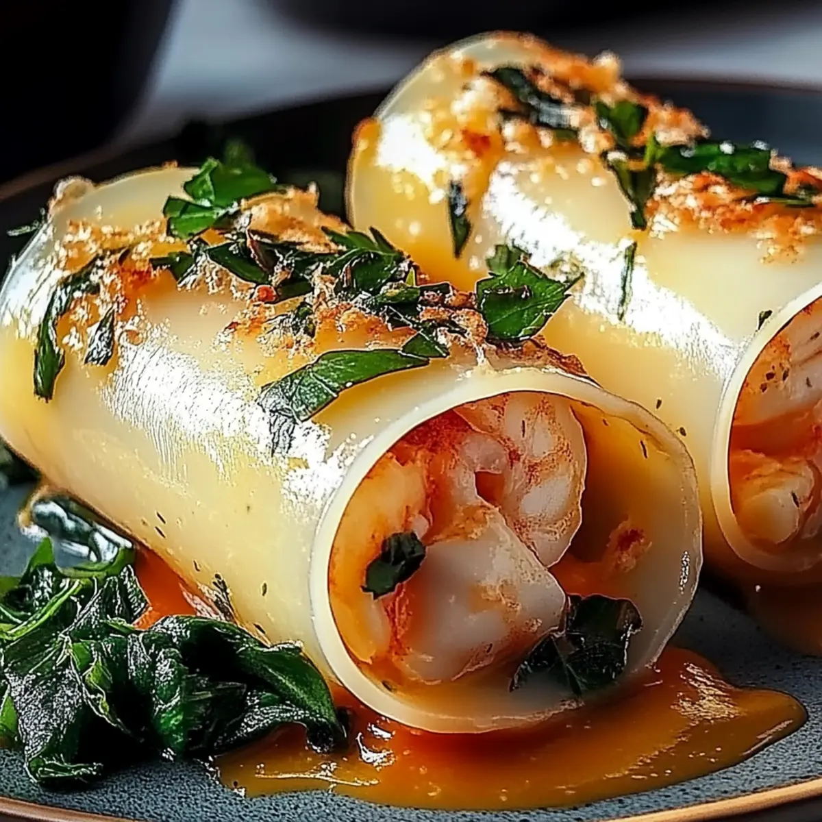 Shrimp and Spinach Stuffed Pasta Rolls