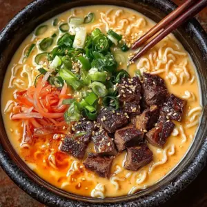 Spicy Korean Ramen with Grilled Beef and Creamy Sauce