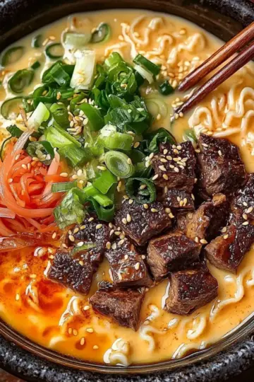 Spicy Korean Ramen with Grilled Beef and Creamy Sauce