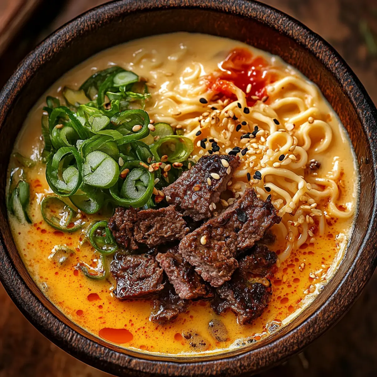 Spicy Korean Ramen with Grilled Beef and Creamy Sauce
