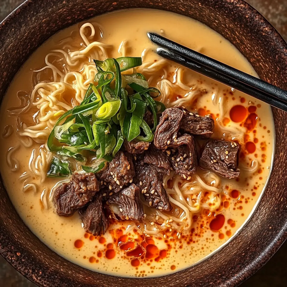 Spicy Korean Ramen with Grilled Beef and Creamy Sauce